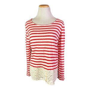 Tory Burch Size L Knit Striped Longe Sleeve Top Lace Hem Red Cream